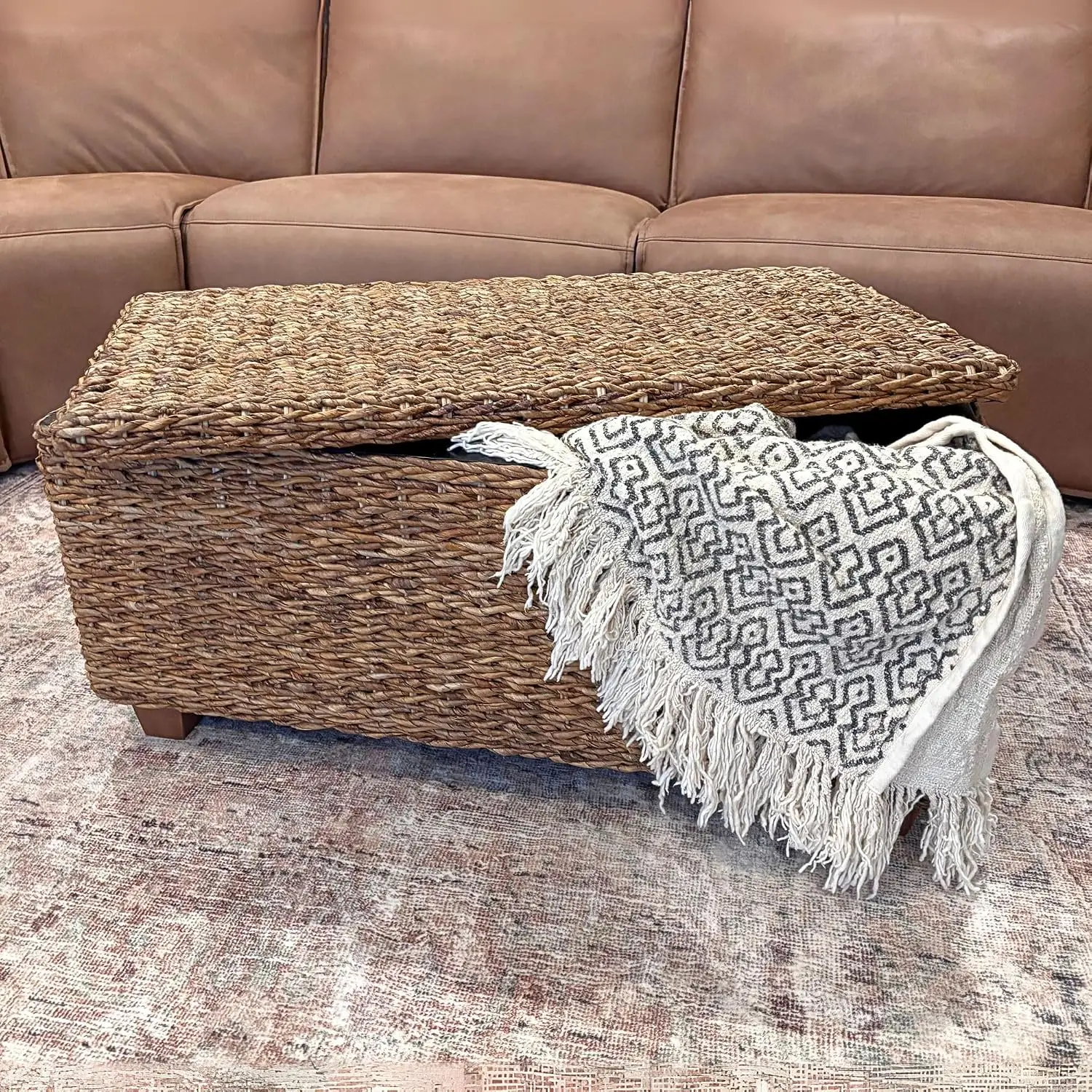 Woven Rattan Storage Coastal Coffee Table - Handwoven Natural Brown Rattan, Hidden Storage, Solid Wood Frame, 37x20x18 Inches (N