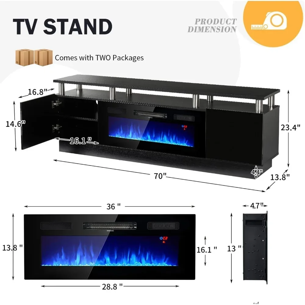 TV Stand with Two Hinged Doors for TVs UP To 80”, LED Lights & Storage Cabinets, 70” Modern Fireplace TV Stand