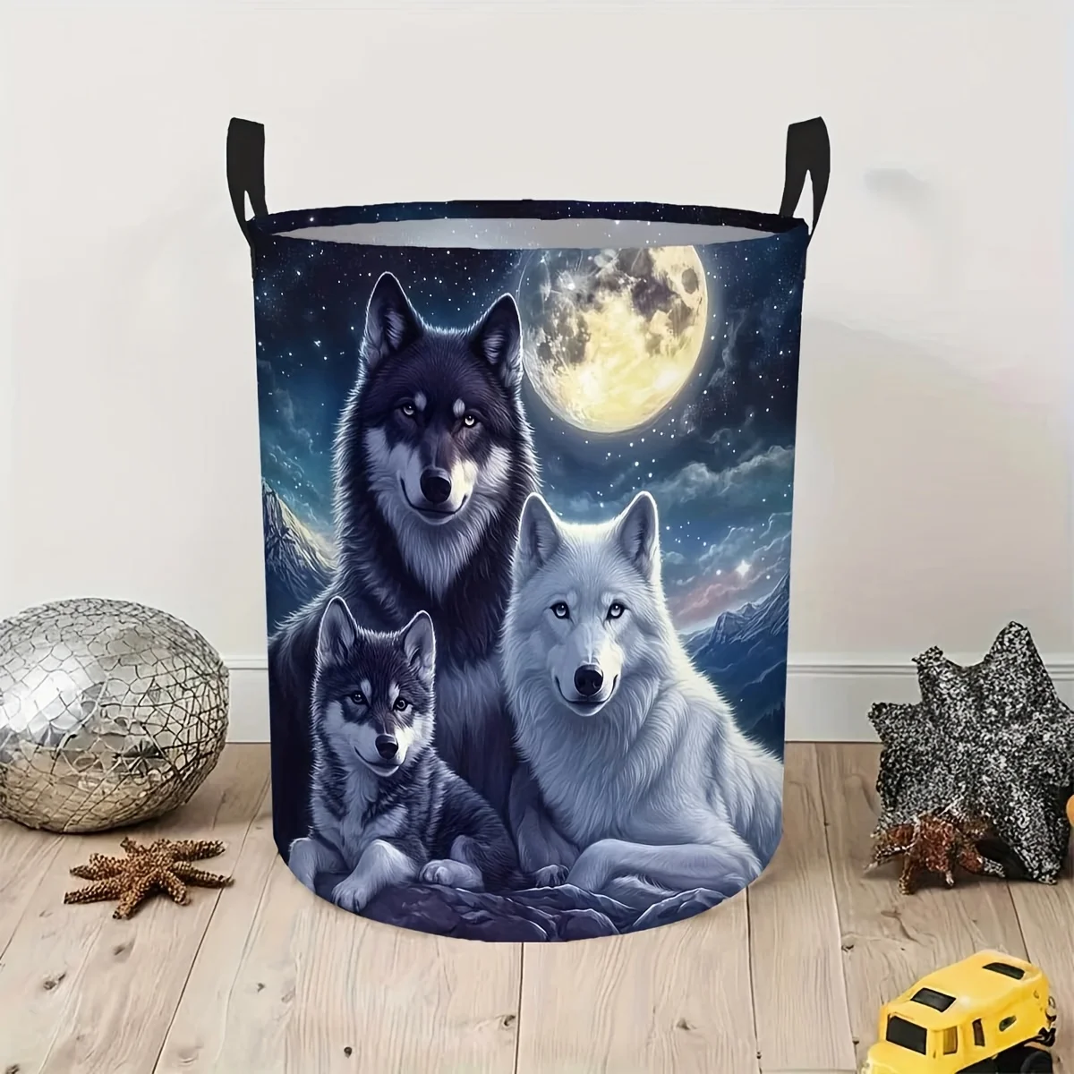 

Moonlit Wolf Laundry Basket Durable Polyester Laundry Basket Large Capacity Round Shape with Handles for Bedroom Outdoor Decor