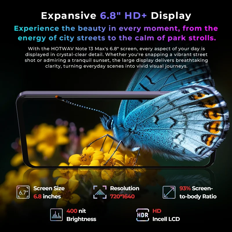 هاتف محمول HOTWAV Note 13 Max بشاشة 6.8 بوصة HD + شاشة أندرويد 14 6 جيجابايت 256 جيجابايت هاتف محمول 48 ميجابكسل 5160 مللي أمبير في الساعة 9.2 ملم هاتف ذكي رفيع للغاية