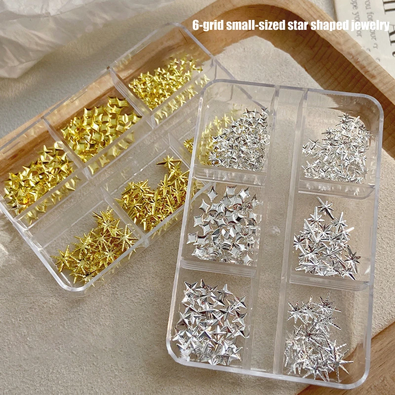 6 Grids Metallic Gold Silver Nail Art Rhinestones Decor Manicure Charms Flatback Starburst Pentagrams Jewel Nail Accessories