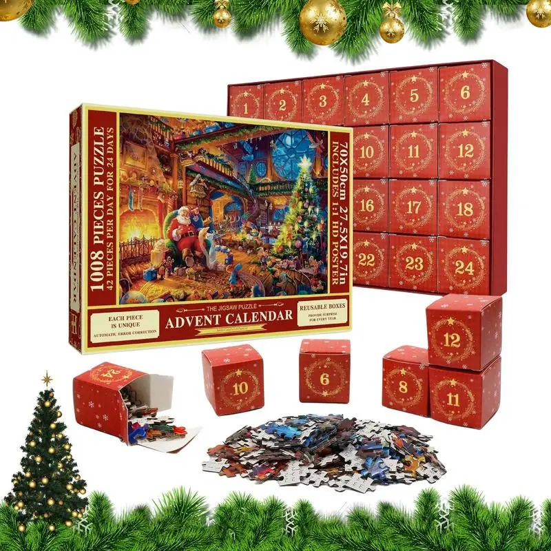 Jigsaw Puzzle Christmas Advent Calendar 24 Days Countdown Calendar Christmas Advent 1008Pcs Christmas Puzzle Toy Christmas Gift