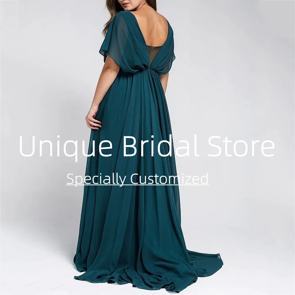 Classic Evening Dresses Short Sleeves Elegant A-line Open Back High Quality Sweep Train V-neck Women Pretty Bridesmaid Gown