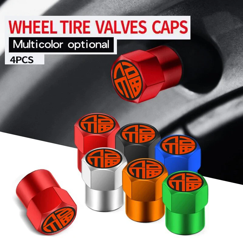 4PCS Red Chinese Blessing Letter Car Wheel Tire Valve Caps Tyre Stem For Mercedes Benz Land Rover Toyota Mazda BMW Audi Nissan