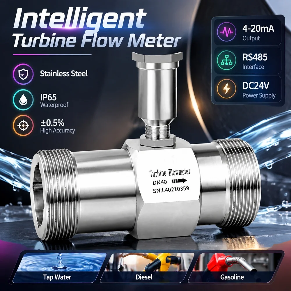 Intelligent Turbine Flow Meter Stainless Steel IP65 ±0.5% 4-20mA RS485 DC24V Pipe Liquid Flow Sensor for Tap Water Diesel