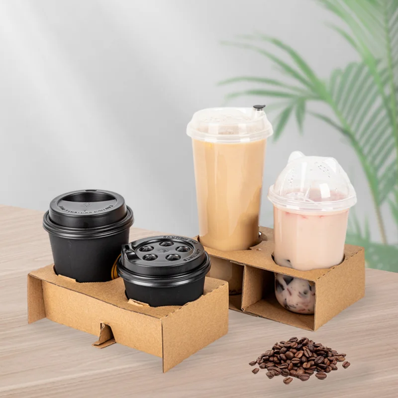 custom.LOKYO Custom Kraft Paper Tray Holder 2-Cup Disposable Degradable Hot Drinks Double Wall Style Wine Use