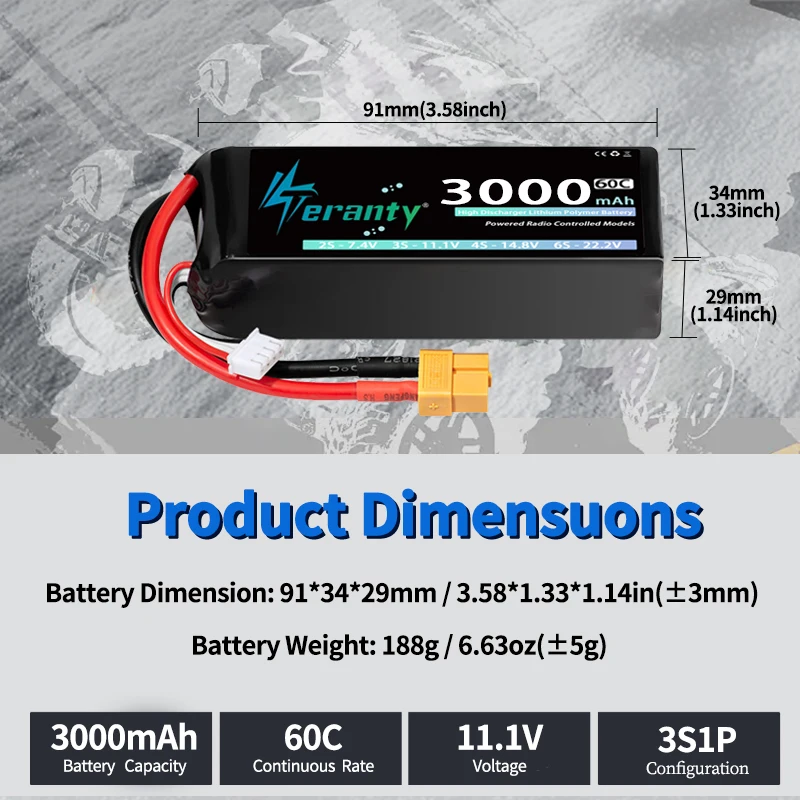 2pcs TERANTY 11.1V 3000/3300/3600mAh Lipo Battery 3S 60C with T/XT60 Plug For FPV Drone Airplane RC Car Truck Graphene Boat