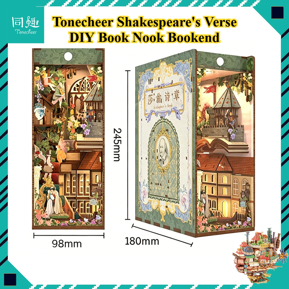 New Tonecheer Shakespeare's Verse DIY Book Nook Bookend Diorama Model Kit 3D Wooden Puzzle Dollhouse Decoration Surprise Gifts