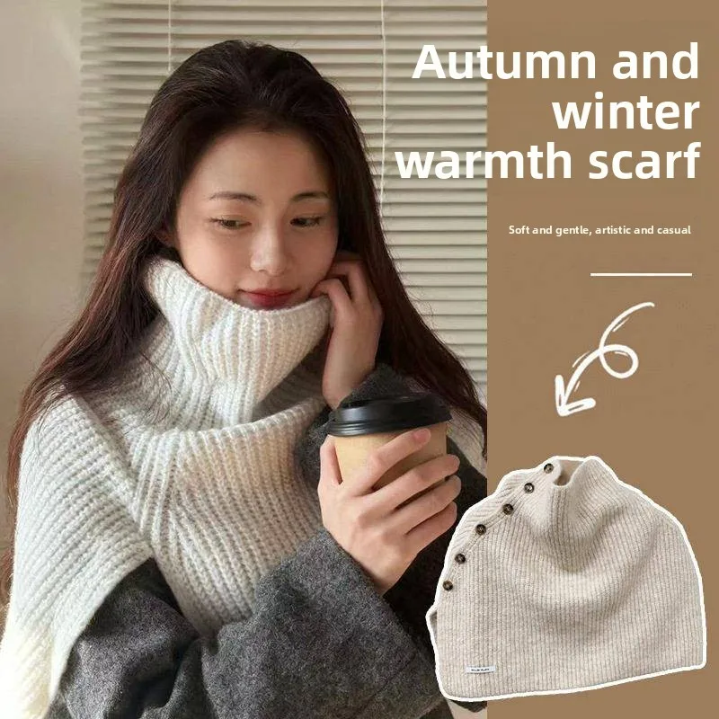 

Fashionable Knitted Shoulder Wrap Scarf Women's Button Design Outerwear Korean Style Versatile Autumn Winter Warmth Neck Warmer