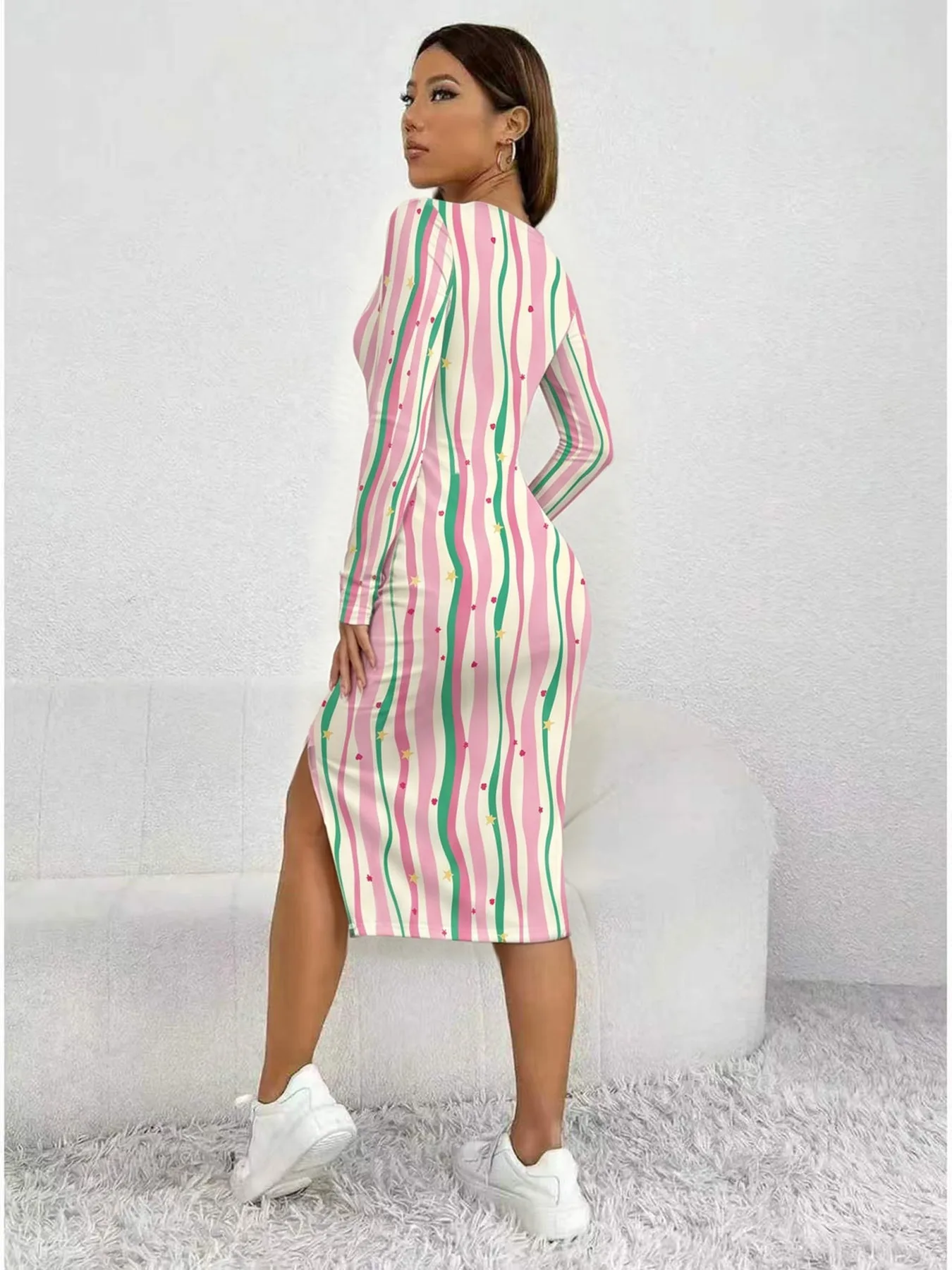 Women's Casual Striped Color-Block Dress Square Neck Long Sleeve Waist Cinched Maxi Skirt with Slit Comfortable Long Skirt