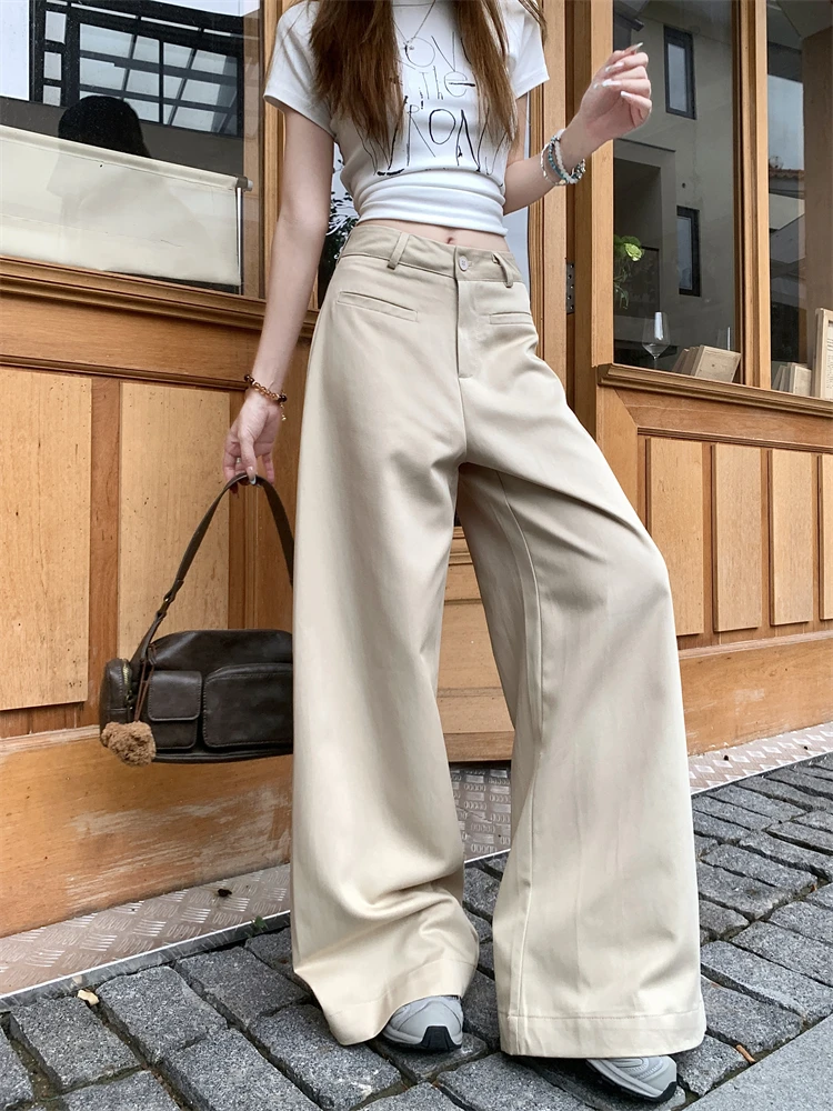 Pantalon polyvalent taille haute pour femmes, ample, jambes larges, kaki, suspendu, décontracté, simple, jambes droites, long, été