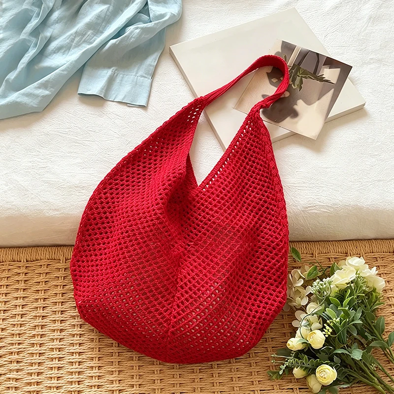 

Fashion Women's Hollow Woven Shoulder Bags Large Capacity Knitting Underarm Bag Solid Crochet Tote Handbag Summer Mesh Beach Bag