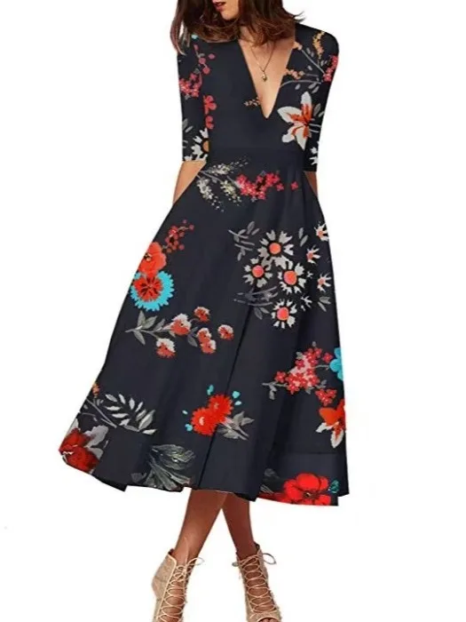 Faionable Sexy Deep V-Ne Print Waist-Cinched Mid-Sve Midi Dr Gown Lightweight Luxury Mid-Length Polyester Fabric