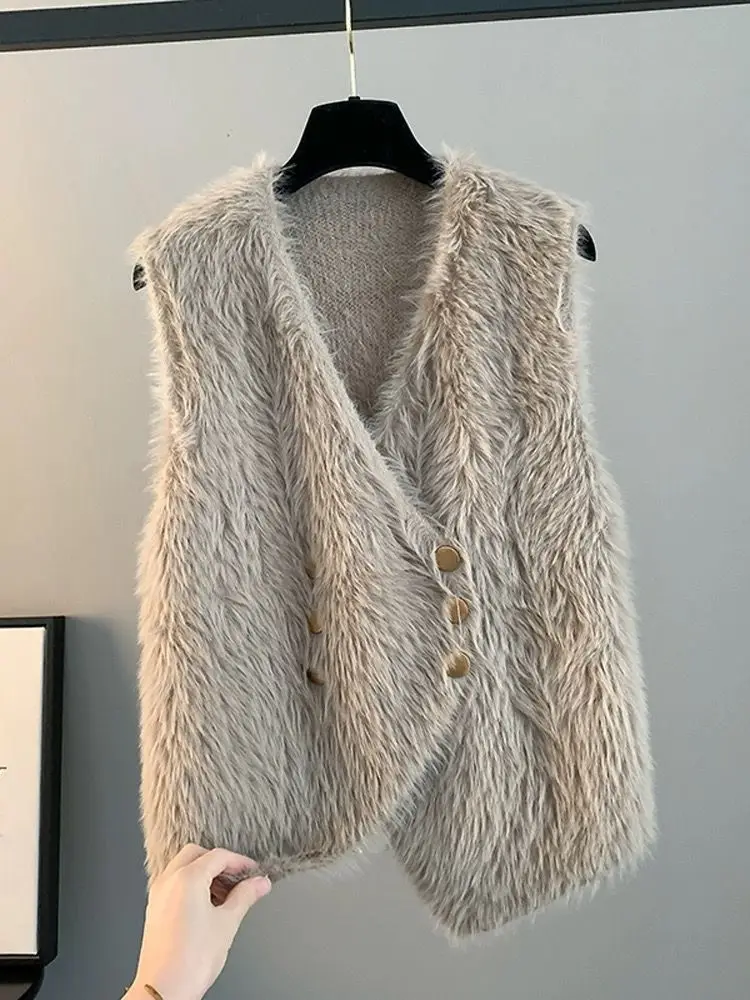 Vest Knitted Cardigan Spring and Autumn New Style Imitation Mink Fleece Sweater Women\'s Tank Top Loose Outer Winter Shoulder