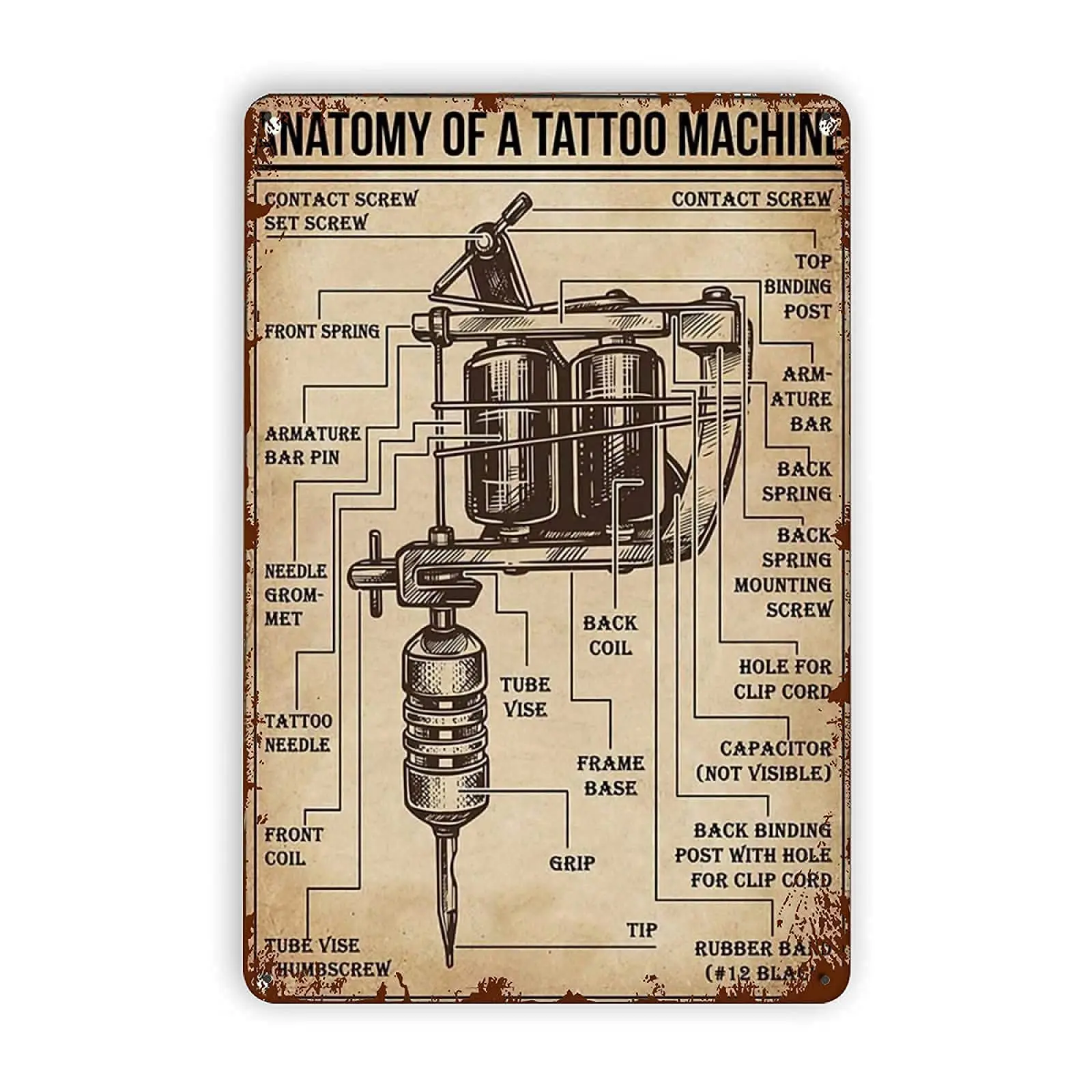 Veidsuh Anatomy of a Tattoo Machine Tin Sign Metal Sign Metal Sign Tin Sign Wall Art 12x16 inch