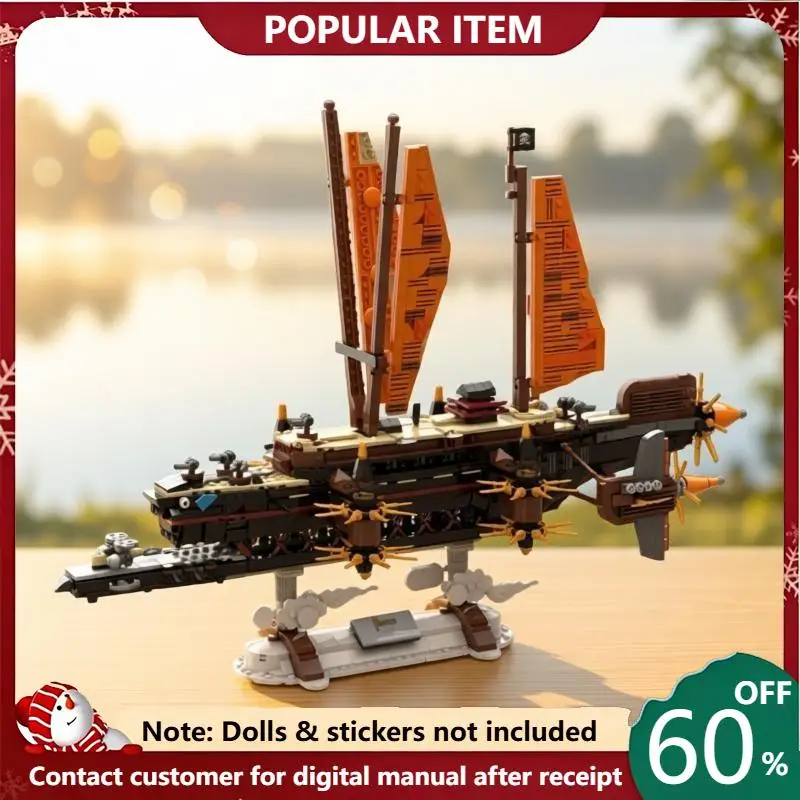 2435PCS MOC Steampunk Flying Pirate Battleship Building Blocks Air Vessel With Sails Base Display Stand DIY Assembly Bricks Gift