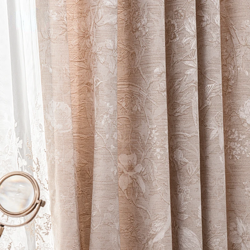 New Chinese Flowers and Birds Three-dimensional Jacquard Thickened Pink Beige Curtains for Bedroom French Window Living Room