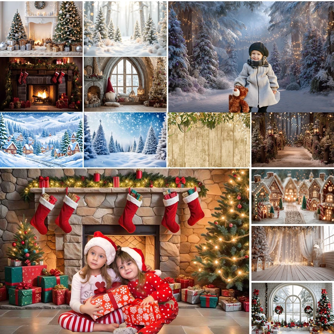 

MOON.QG Christmas Decorations Backdrop Forest Winter New Year Fireplace Town Photo Background Studio Portrait Wallpaper Photo