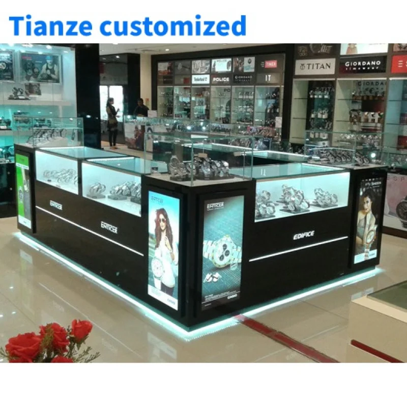 (Customized) high-end watch kiosk watch showcase wooden glass jewelry kiosk with LED retail mall kiosk sale