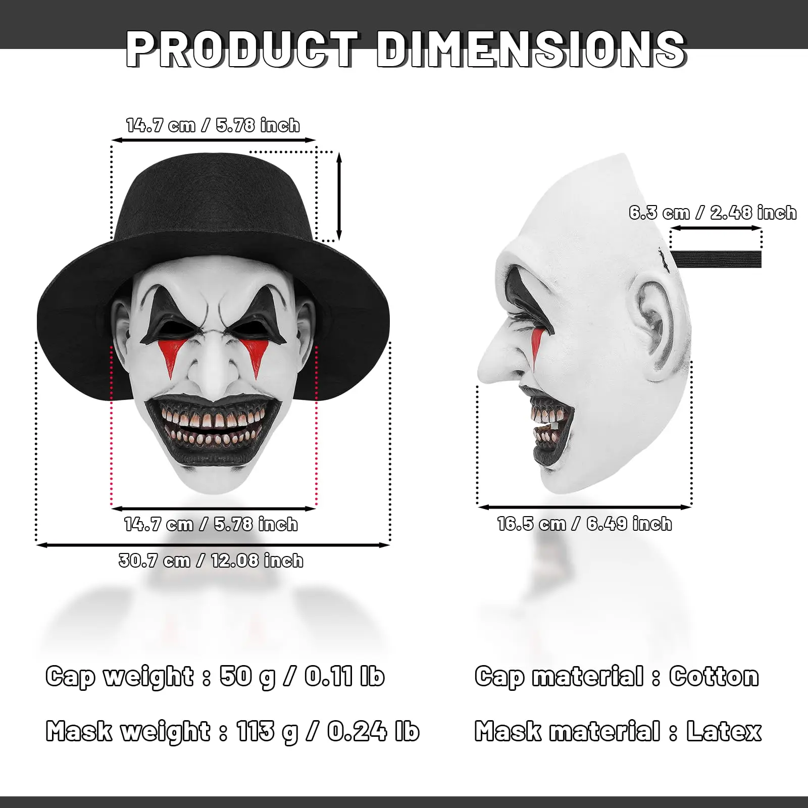 Masque de Clown effrayant pour adultes, masque souriant tueur effrayant avec chapeau, accessoires de Costume de démon maléfique d'halloween pour hommes et femmes