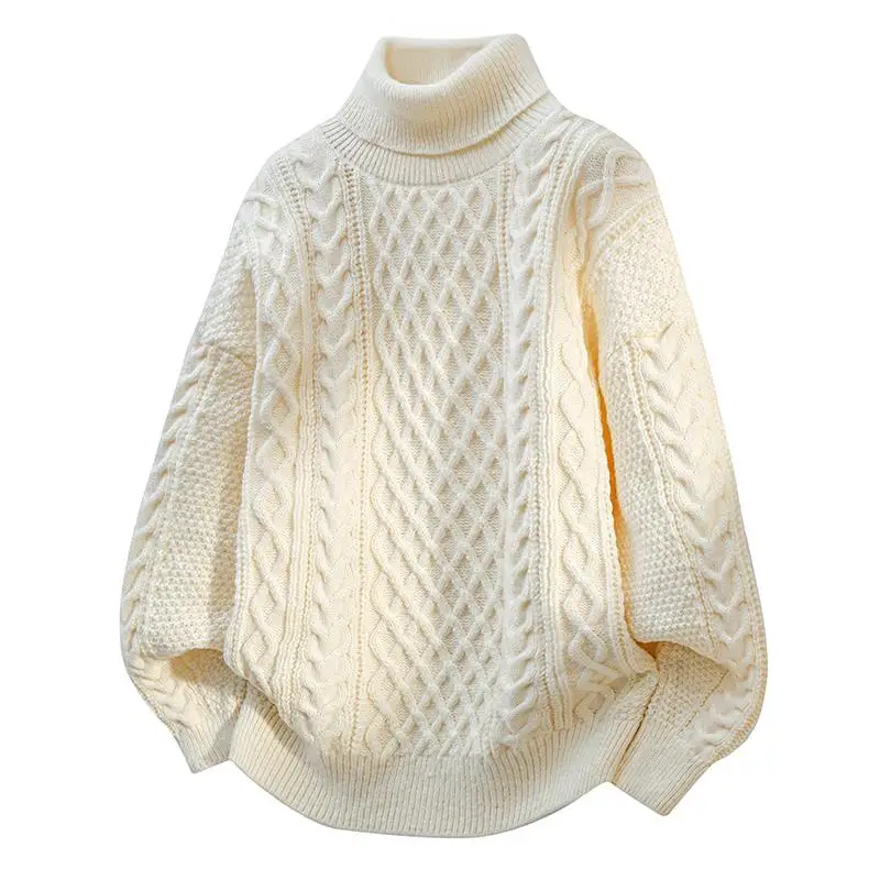 2025 الخريف الشتاء الرجال البلوزات سميكة غير رسمية الرجال بلون فضفاض الياقة المدورة سترة الذكور عالية الرقبة محبوك البلوفرات رجل