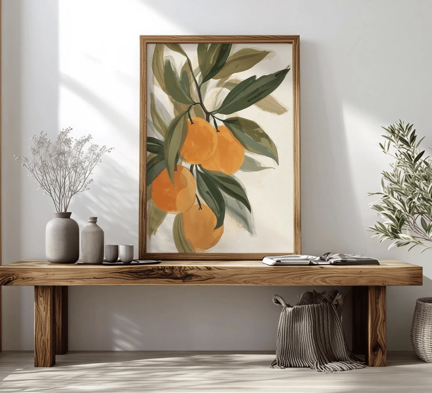 Watercolor Orange Wall Art Canvas Prints, Citrus Branch Posters, Neutral Earth Tone Decor for Living Room Bedroom Decor