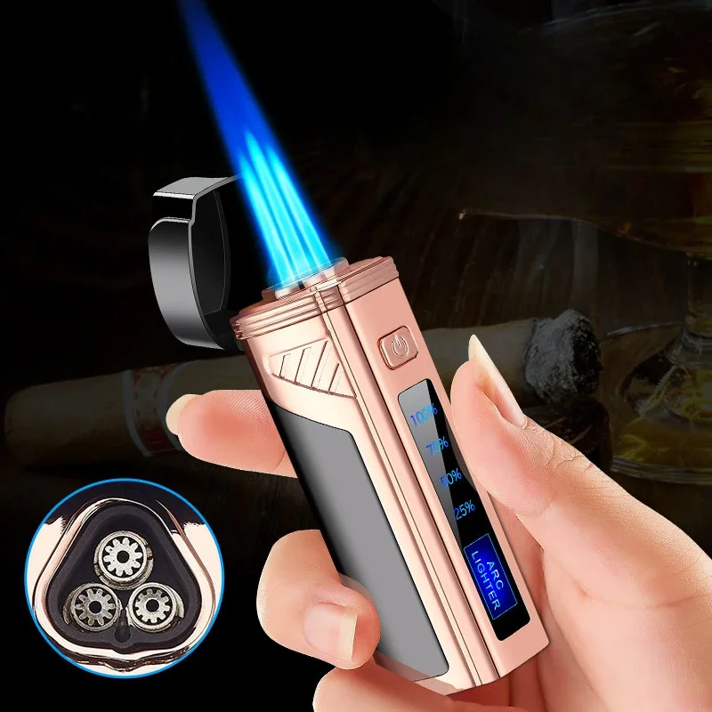 Luxury Fingerprint Touch Sensor Jet Turbo Flashlight 3 Flame USb Plasma Charging Electronic Butane Windproof Gas Lighter Gift