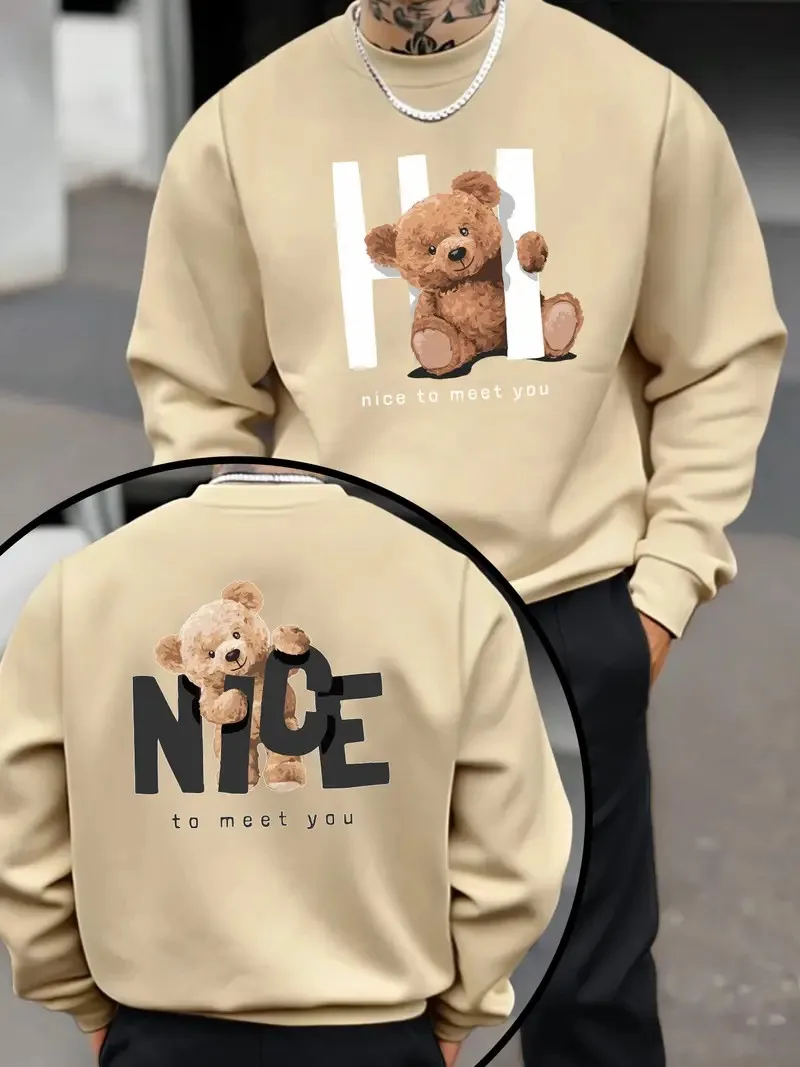 يتميز القلنسوة الرجالية الجديدة ذات الرقبة المستديرة لربيع وخريف 2025 بطباعة دب ثلاثية الأبعاد غير رسمية وعصرية على الشارع #2