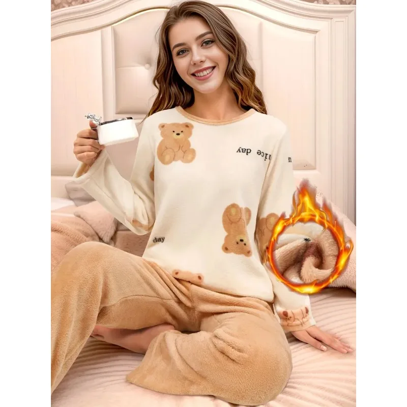 

Thickened Warm Sleepwear for Winter Plus Size Flannel Bear Print Long Sleeve Trousers Student Pyjama Set Loungewear Cartoon Bear