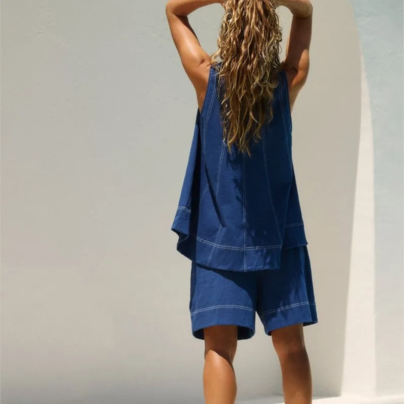 Women fashion Loose Shorts Set 2025 Summer Striped Sleeveless O-neck Vest Wide Leg Elastic Waist Short Pants 2 Pieces Jeans Suit