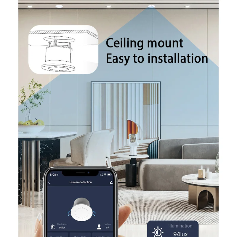 Imagem -04 - Casa Smart Zigbee Teto Human & Light Sensor Tuya Wifi Presença Humana Onda Radar Motion Detection App Controle de Alarme Moda