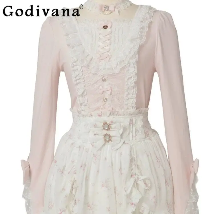 

2026 New Spring Japanese Liz Sweet Lolita Pink Knit Long-Sleeve Top Girls Women Cute Bow Lace Necklace Tops Women's Clothing