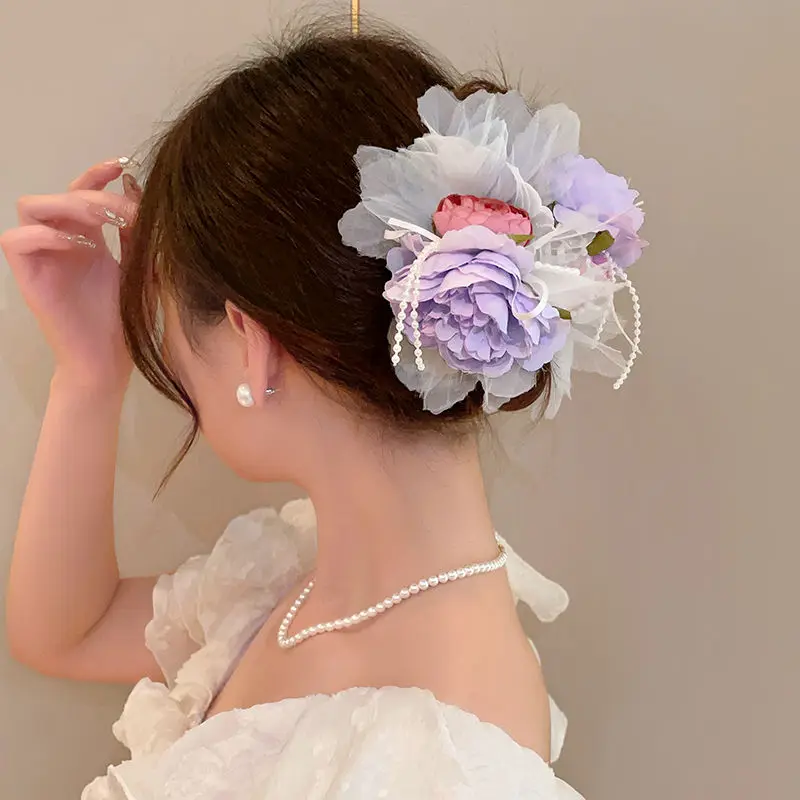 Super Onsterfelijke Roos Organza Hailr Klauw Voor Vrouwen Vrouw Paars Verlangen Wind Zoete Rug Lepel Haar Clip Meisjes Haaraccessoires