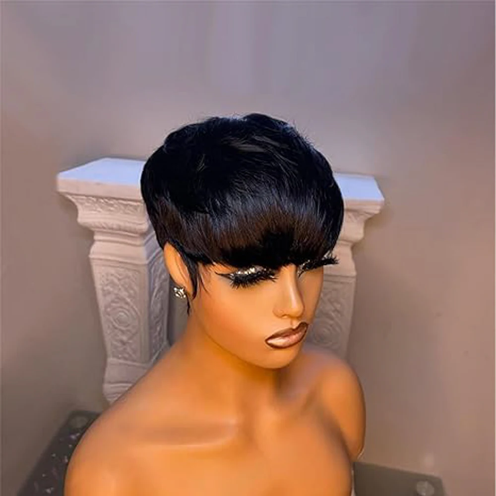 Short Bob Wig Human Hair for Black Women Pixie Cut Wig Glueless None Lace Front Wig with Bangs Natural Black Full Machine Made