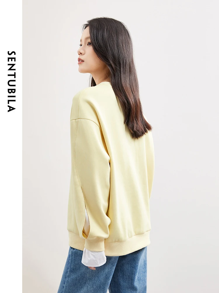 SENTUBILA Spring Hollow Out Spliced Sweatshirt 2024 Fake 2 Piece Long Sleeve Top Simple Round Neck Loose Pullovers 143A57365X