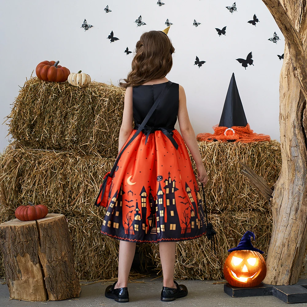 Fancy Halloween Costume For Girls Cosplay Dress Children Girl Castle Printed Carnival Princess Party Dresses With Pumpkin Bag