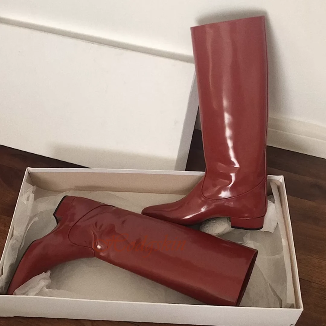 Red Patent Leather Boots Slip On Solid Chuny Low Heels Knee High Boots Pointed Toe Women New Style Shoes Autumn Party Casual