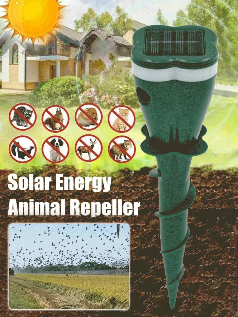 Repelente solar de pássaros para jardim, repelente de cobra e mouse ao ar livre, espiral, ultrassônico, sensor externo, dispositivo repelente