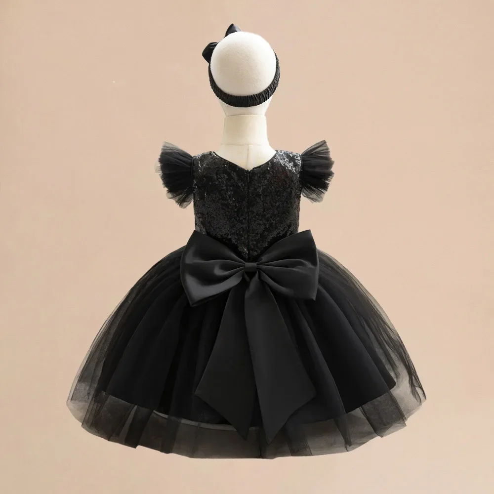 Fluffy Christmas Girls Princess Black Dress Sequins Halloween Baby Kids Evening Party Prom Gown Tulle Summer Children Dresses