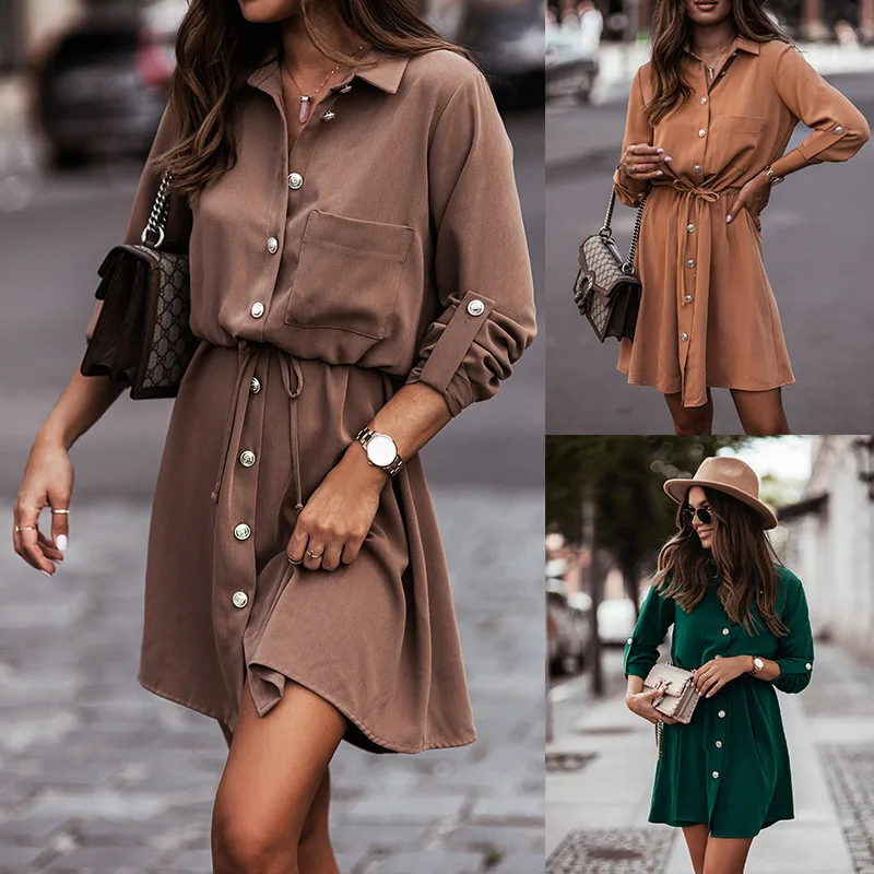 Women's Clothing Autumn And Winter Office Lady Commuter Solid Green Brown Waist Strap Single-breasted Polo Collar Sleeve Dress