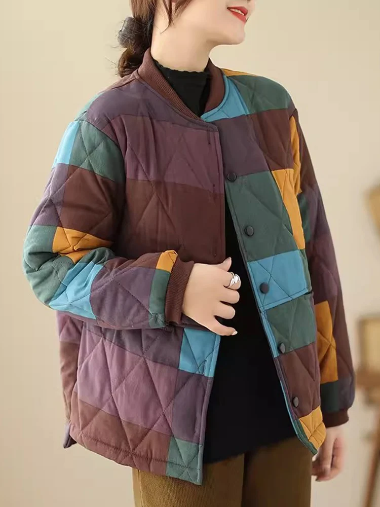 Vintage Literary Patchwork Plaid Women Parkas 2024 New Autumn Winter Thick Warm Quilted Coat Windproof Outerwear Jackets