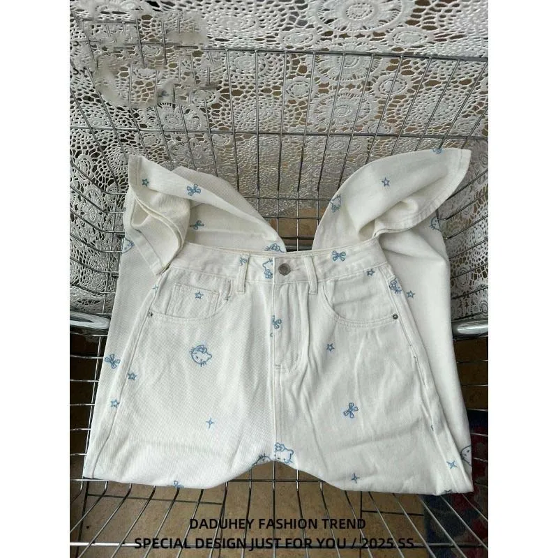 아메리칸 빈티지 헬로 키티 자수 청바지 Y2K 여성 화이트 와이드 레그 팬츠 소녀 하이 웨이스트 슬림 루즈 스트레이트 바지