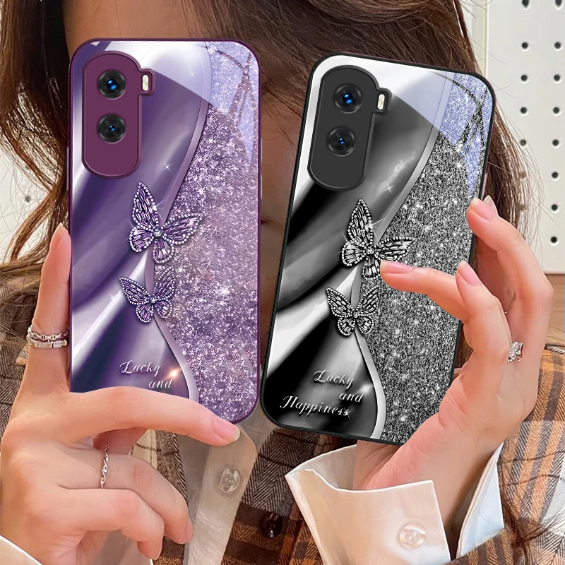 Golden Butterfly For Honor 200 90 8X 9X Pro Lite P50 P40 Nova 10 11i P60 Magic4 6 Mate 20 50 Tempered Glass Phone Case