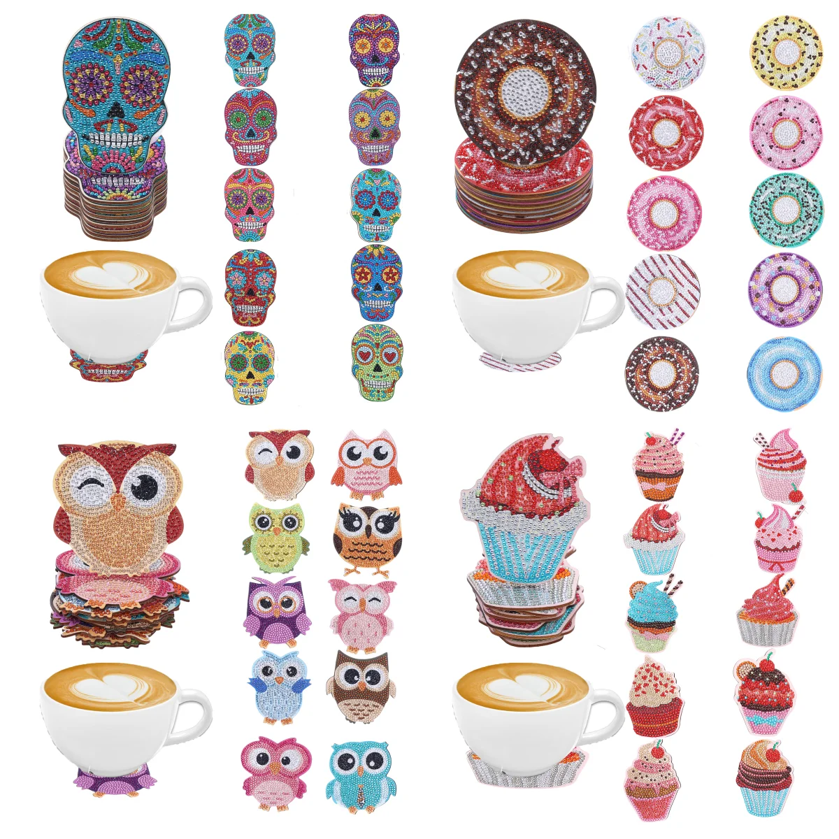 10 juegos de pintura de diamantes DIY: posavasos con estampado de calavera/búho/búho/helado, posavasos de madera sin estantes, sala de estar