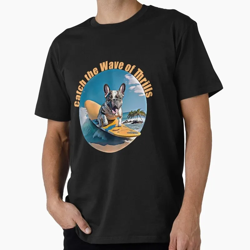 Surfer and french bulldog Graphic T-shirt for Dog Dad Unisex 100% Cotton Short Sleeve Tee Pet owner Surprise Gift Streetwear Top