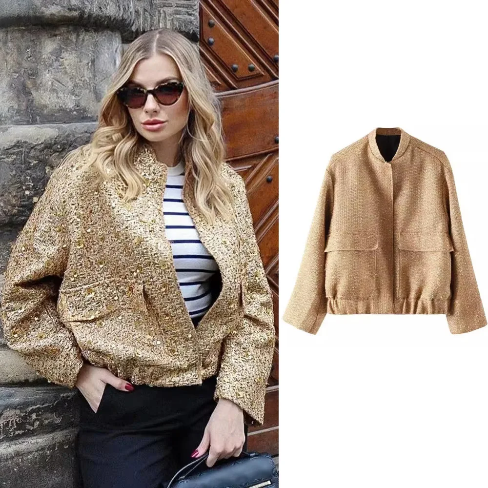 Women\'s Gold Sequin Pilot Jacket Round Collar Long Sleeve Pocket Stretch Jacket Street Fashion Casual Loose Workwear Jacket