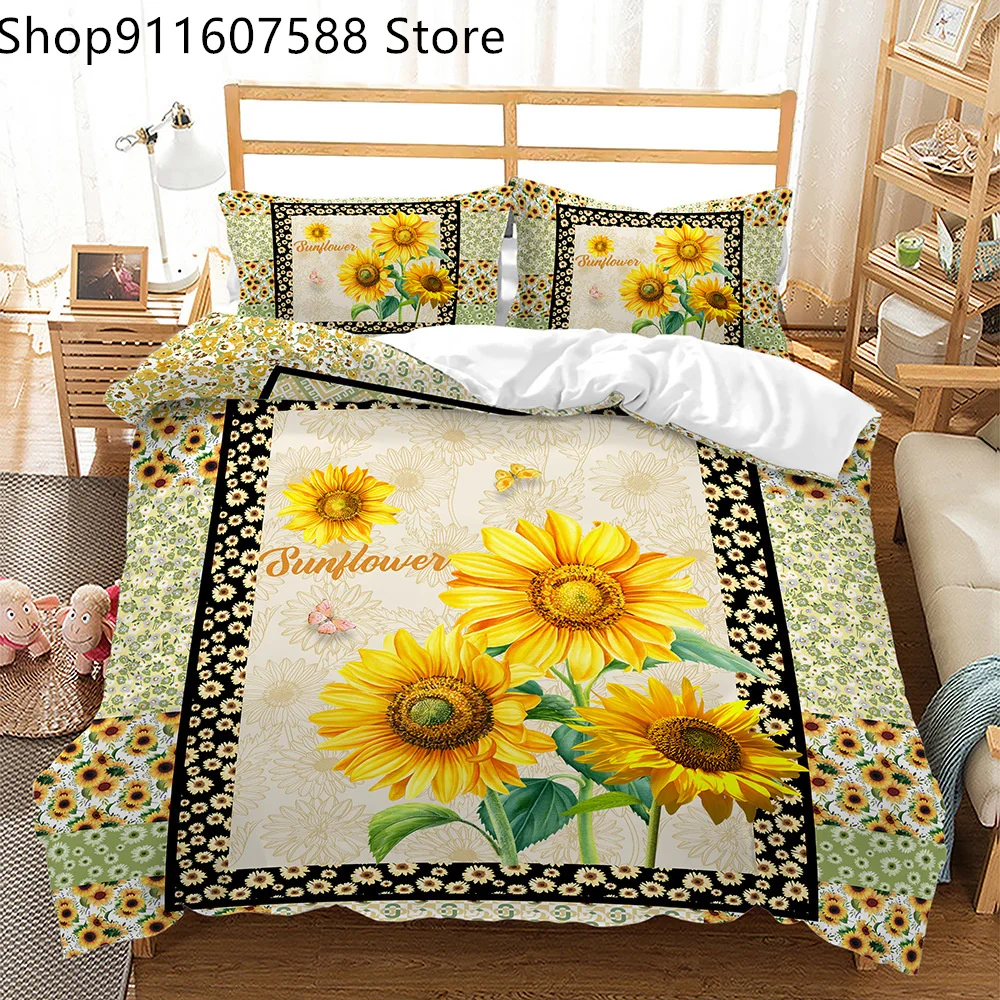 

Yellow Flower Duvet Cover Set Sunflower Bedclothes Sunflower Fields with Sunset Printed Botanical Flowers Polyester Bedding Set