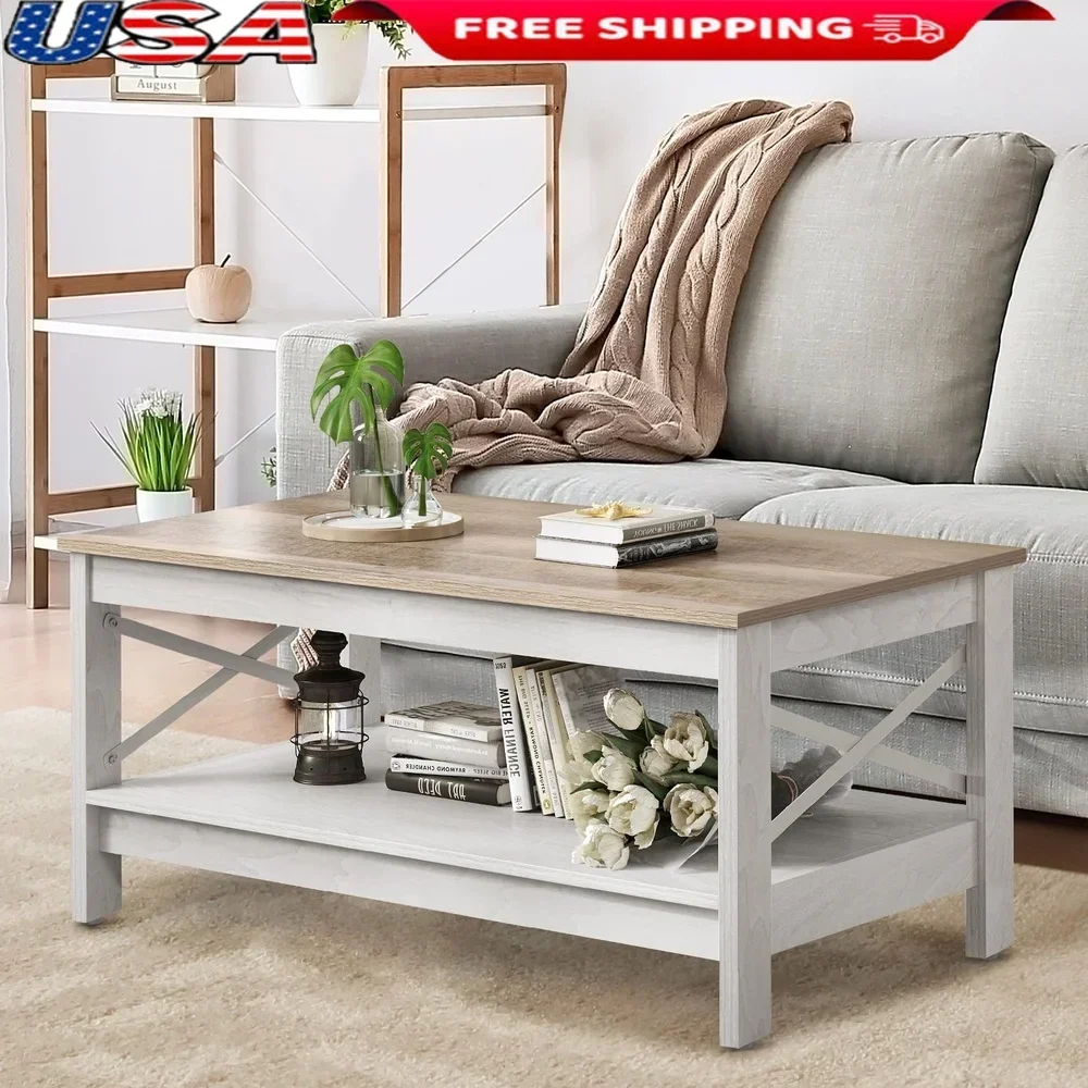 

Rustic Wood Coffee Table with Open Storage Shelf Industrial X Design 2-Tier Durable Scratchproof Easy Clean Minimalist Indoor
