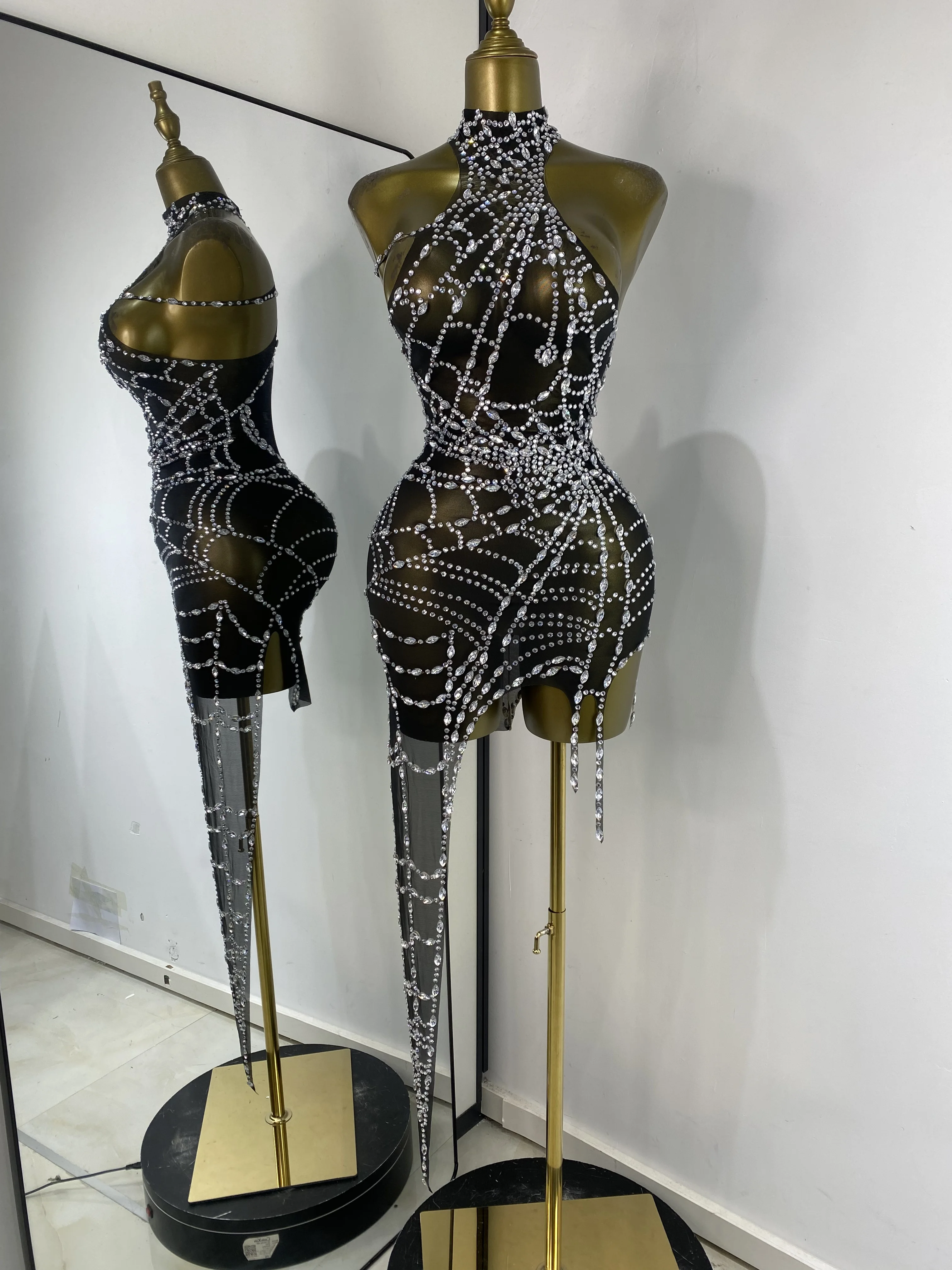 فستان نسائي مسائي للحفلات والنوادي على طراز الشرير مرصع بأحجار الراين الشبكية غير المتماثلة فستان تنكري للهالوين Nightbar DJ Gogo أزياء فستان #2