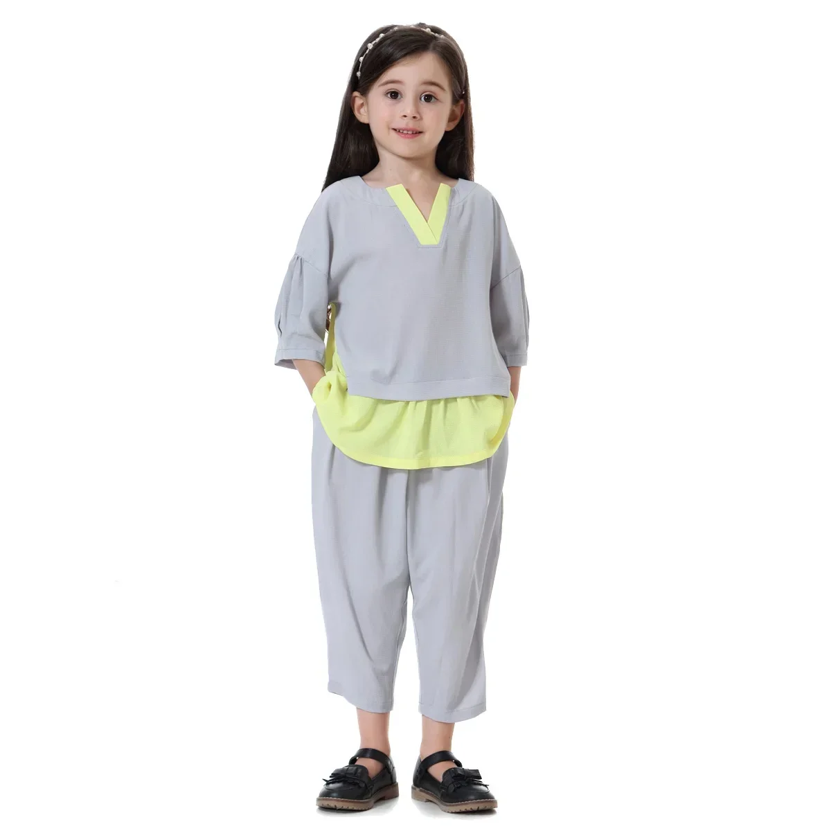 Turkey Muslim Girls 2pcs Sets Kids Tops Pants Suits Half Sleeve Shirts Trousers Islamic Clothing Arab Robe Gowns Jubah Ramadan